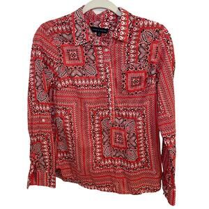 Tommy Hilfiger Womens Red Bandana Print Popover Top Size small Cotton Western